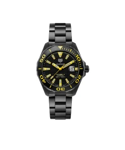 Black dial watch with yellow accents and dark metal bracelet