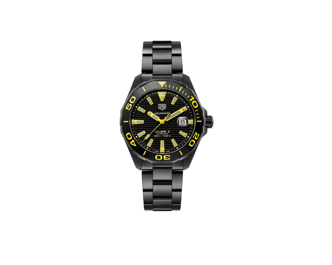 Black dial watch with yellow accents and dark metal bracelet