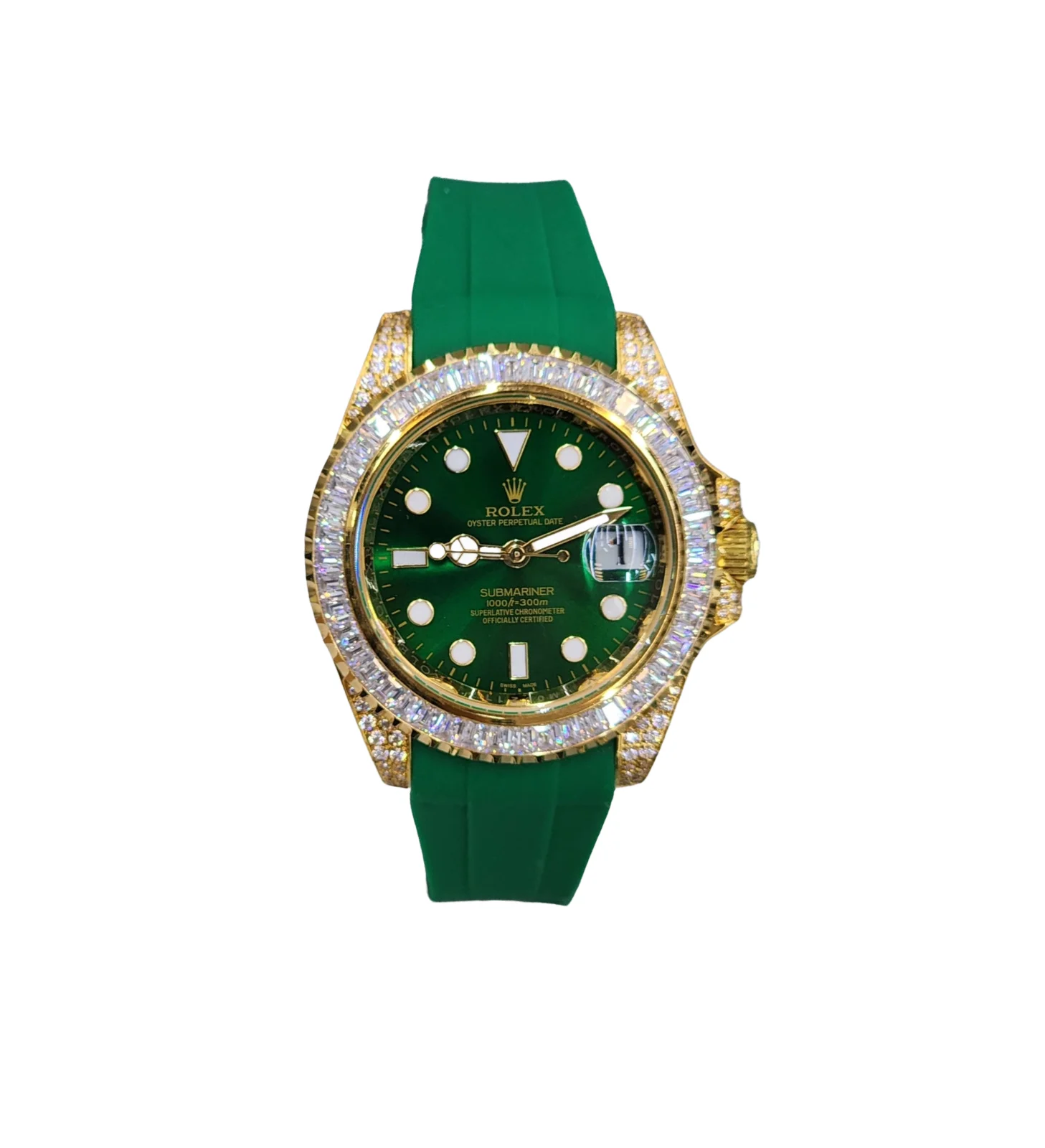 Luxury green Rolex Submariner-style watch with diamond bezel and green rubber strap on wrist