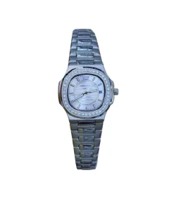 Luxury ladies watch with white gold case, diamond bezel, and blue mother-of-pearl dial