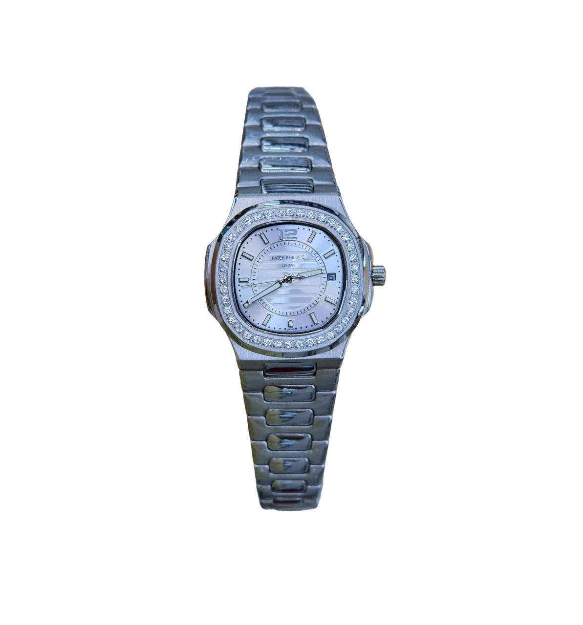 Luxury ladies watch with white gold case, diamond bezel, and blue mother-of-pearl dial