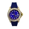 Close-up of blue dial luxury watch with diamond-encrusted bezel and 40mm case design