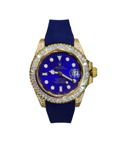 Close-up of blue dial luxury watch with diamond-encrusted bezel and 40mm case design