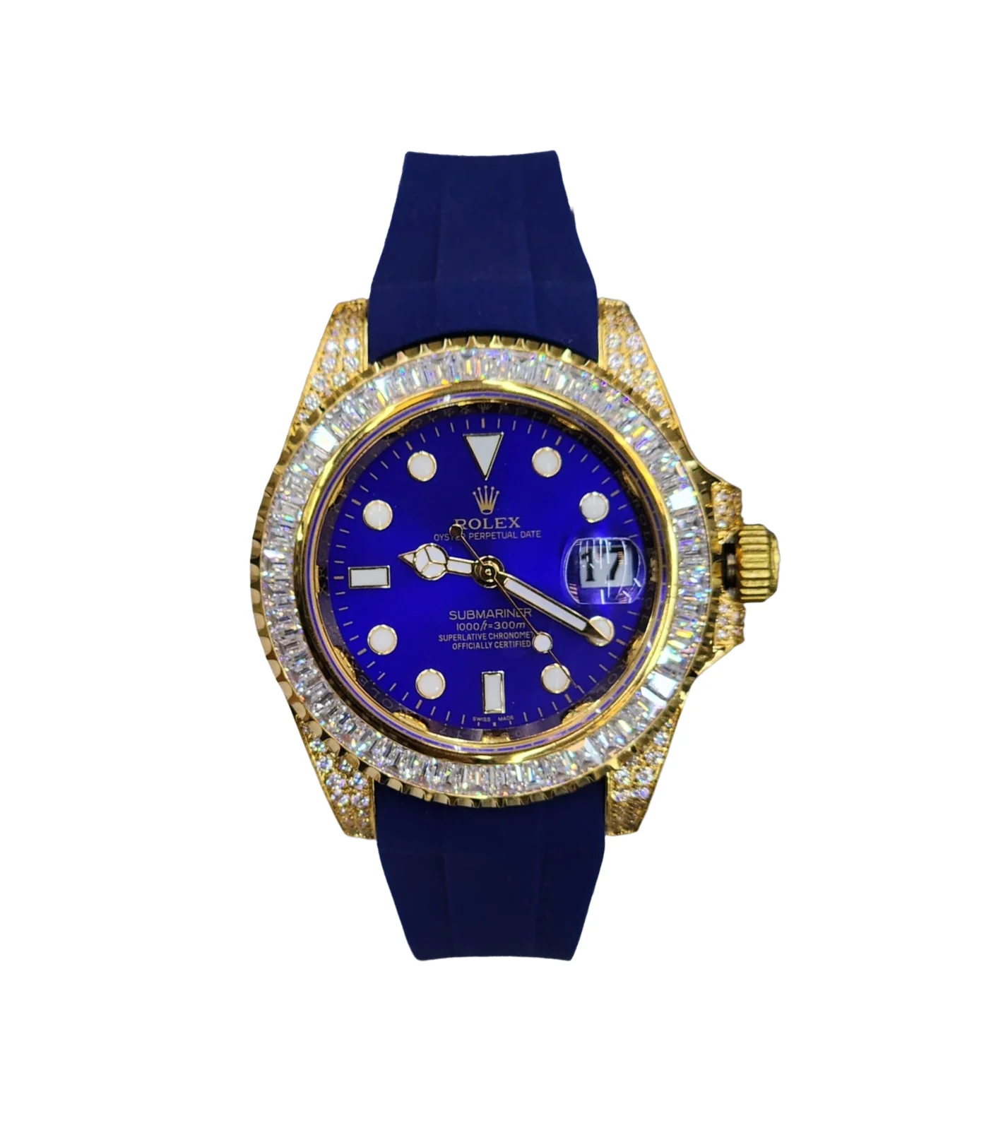 Close-up of blue dial luxury watch with diamond-encrusted bezel and 40mm case design
