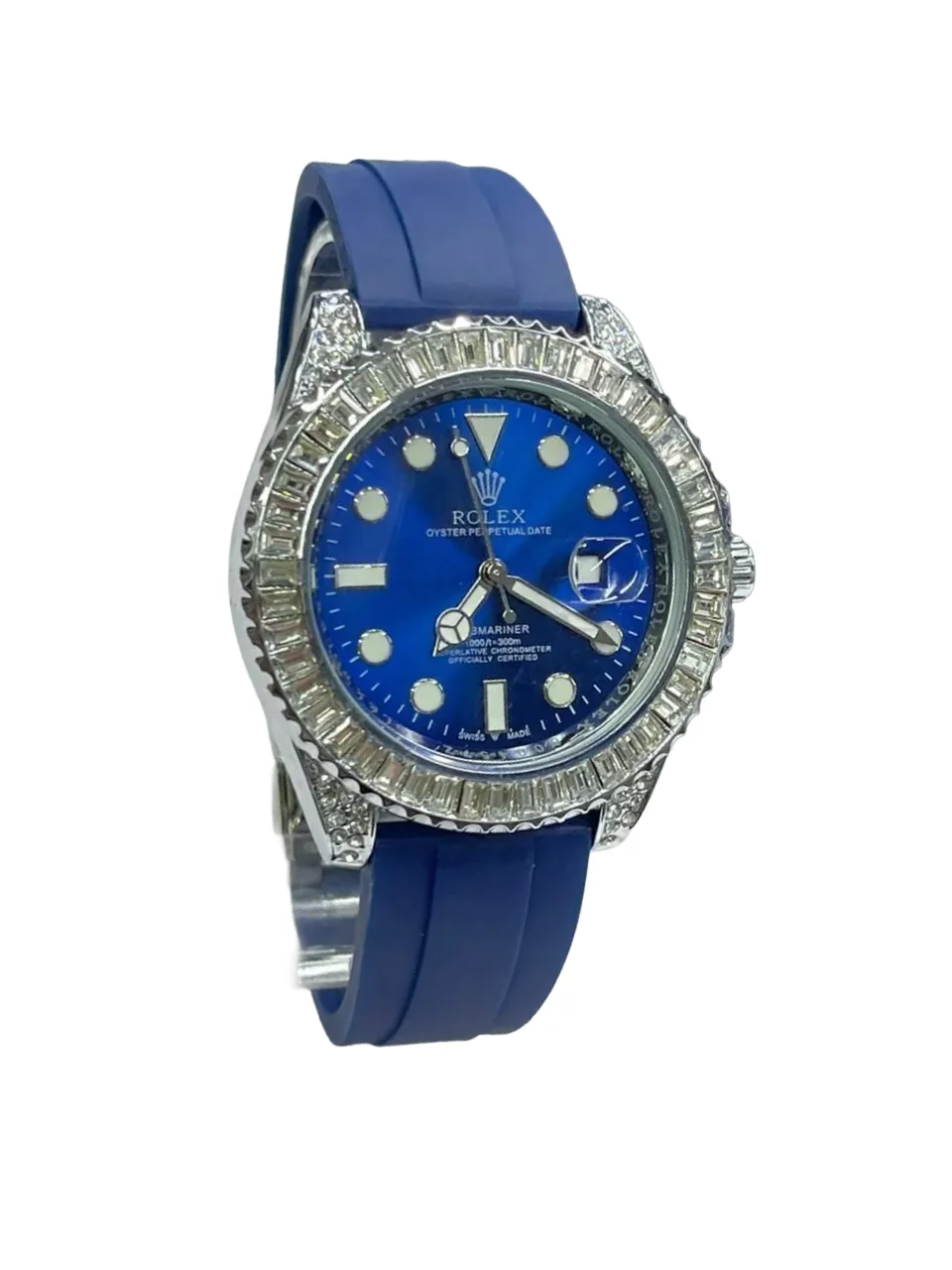 Silver Blue Rolex Submariner watch with diamond bezel, 40mm automatic luxury timepiece with stainless steel finish.