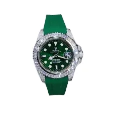 silver Green dial Rolex Submariner watch with diamond bezel, 40mm automatic luxury watch with stainless steel bracelet and elegant finish.