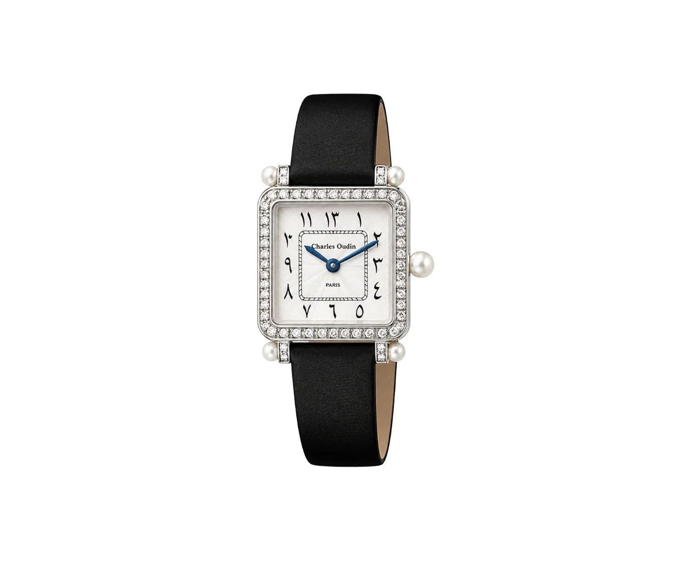 Square white gold watch with diamonds and black leather strap