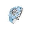 Sky blue luxury chronograph watch with white leather strap and ceramic case