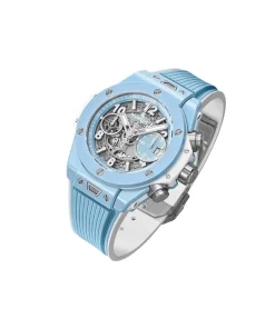Sky blue luxury chronograph watch with white leather strap and ceramic case