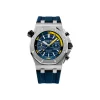 luxury watch with blue rubber strap and silver case