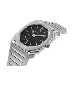 Silver stainless steel watch with black dial and modern octagonal case