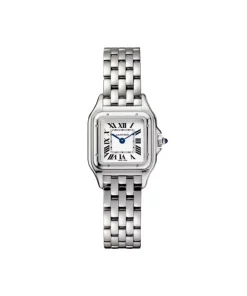 Stainless steel Panthère de Cartier watch with silver dial and blue hands