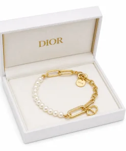 Gold and white pearl chain bracelet with 14K gold plated links for women