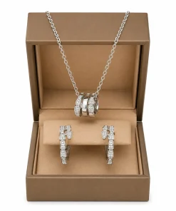 18K white gold Serpenti Viper necklace and earring set with pavé diamonds for luxury women’s jewelry styling
