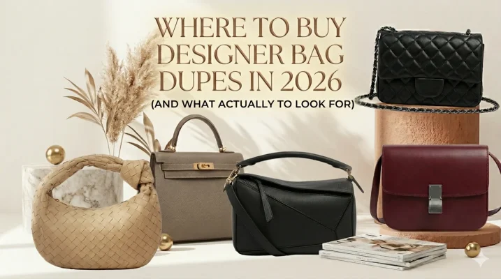 A curated collection of designer-inspired luxury handbags—including quilted, woven, and structured leather styles—set against a minimalist light background with the title "Where to Buy Designer Bag Dupes in 2026."