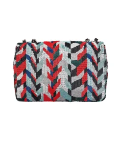 Elegant Chanel shoulder bag featuring multicolor sequins, black leather trim, and silver chain hardware