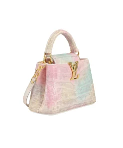 Soft pink and green Louis Vuitton Capucines Mini bag with croc texture and gold hardware