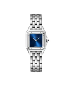 Stainless steel Cartier Panthère wristwatch with polished silver bracelet and blue dial