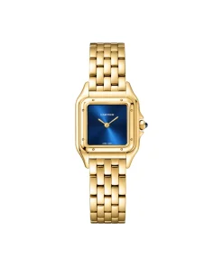 Cartier Panthère stainless steel women’s watch featuring a blue dial and Yellow Gold bracelet