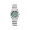 Close view of Omega Constellation diamond bezel on stainless steel watch