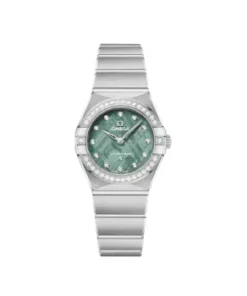 Close view of Omega Constellation diamond bezel on stainless steel watch