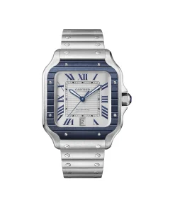 Close-up of white dial Cartier Santos de Cartier watch with stainless steel case and silver strap