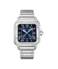Stainless steel Cartier Santos de Cartier watch with blue dial and silver bracelet on luxury background