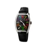 Curved case watch with black dial and colorful numerals on leather strap