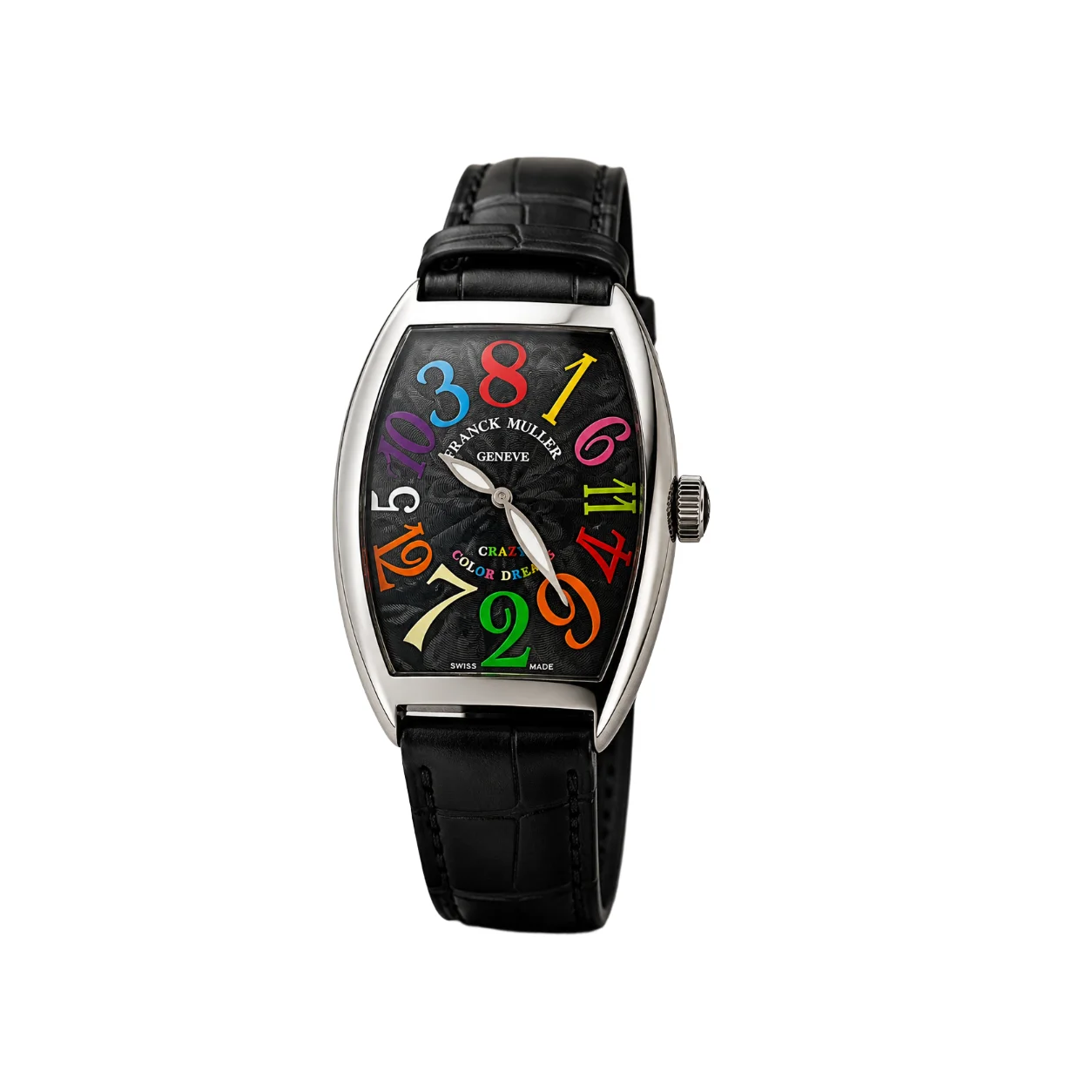 Curved case watch with black dial and colorful numerals on leather strap