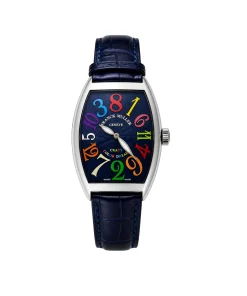 Curved case watch with navy blue dial and colorful numbers on leather strap