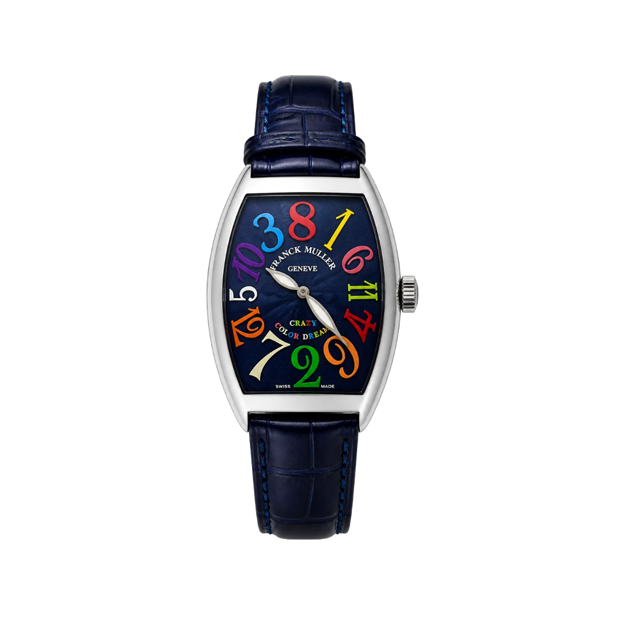 Curved case watch with navy blue dial and colorful numbers on leather strap