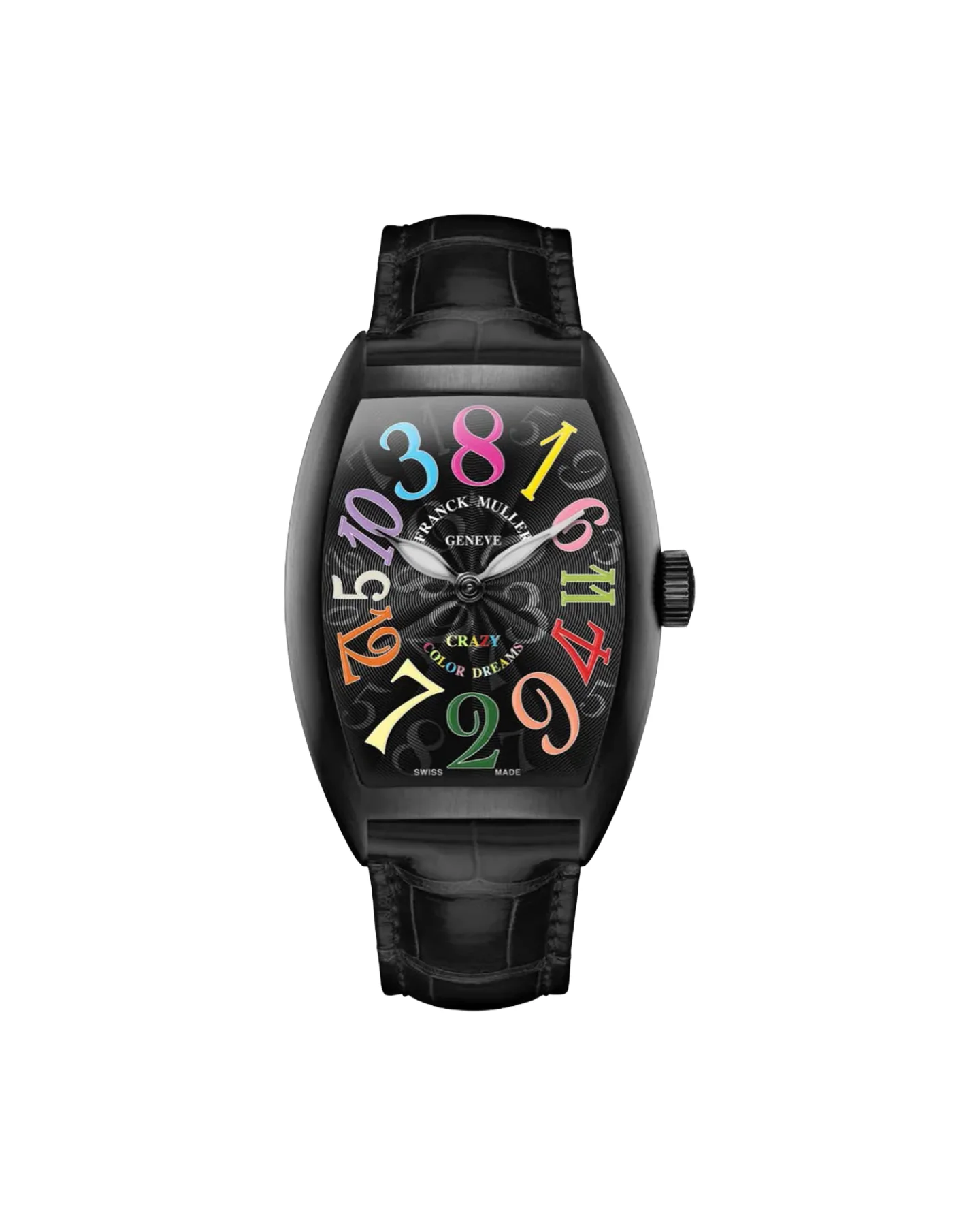 Automatic wristwatch with black leather strap and vibrant number dial