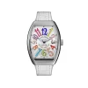 Tonneau shaped stainless steel watch with white strap and multicolor dial