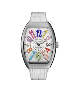 Tonneau shaped stainless steel watch with white strap and multicolor dial