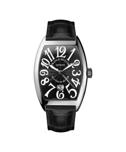 Franck Muller silver dial watch with black leather strap and curved case