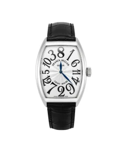 Luxury stainless steel watch with white dial and black strap design