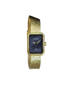 Gold-plated Chanel watch with black dial and elegant chain strap