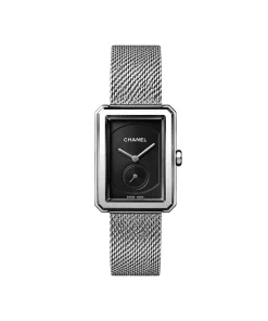 Chanel stainless steel watch featuring black dial and textured silver strap