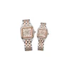 Close up of two-tone rose gold and silver stainless steel watches with a square diamond-encrusted face.