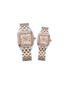 Close up of two-tone rose gold and silver stainless steel watches with a square diamond-encrusted face.