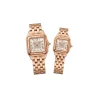 Two Rose Gold elegant square watches with diamond pavé centers and rose gold link bracelets.