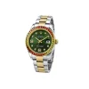 Men’s green dial luxury watch with gold-tone bracelet and red accented bezel