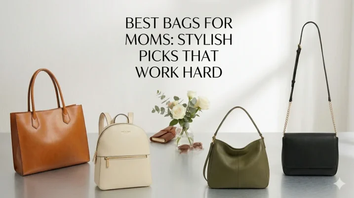 A collection of stylish mom bags including a tan leather tote, cream backpack, olive green shoulder bag, and black crossbody bag arranged on a clean, light surface with a small flower vase under a centered title.