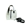 White calfskin leather Dior tote bag with signature quilted pattern and black shoulder strap.
