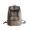 Beige Gucci Ophidia designer backpack featuring black leather trim and gold-tone hardware