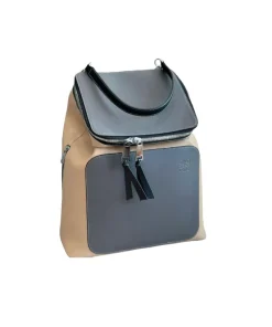 Luxury beige and grey Loewe backpack with structured silhouette and zip closure.