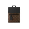 Brown Louis Vuitton Fastline backpack featuring Monogram canvas and a black textured leather flap for everyday luxury use.