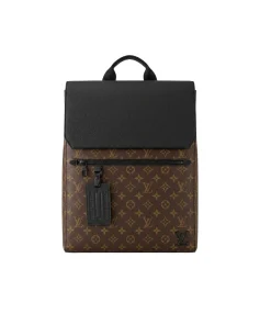 Brown Louis Vuitton Fastline backpack featuring Monogram canvas and a black textured leather flap for everyday luxury use.