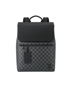 Graphite black Louis Vuitton Fastline backpack crafted with Damier Graphite canvas and a textured black leather flap.