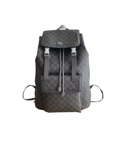 Gray and black Gucci Ophidia backpack with GG Supreme canvas and leather trim